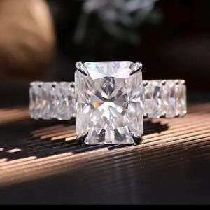 Bagette -Moissanite & Sterling Silver Women's Ring-Emerald Cut Center